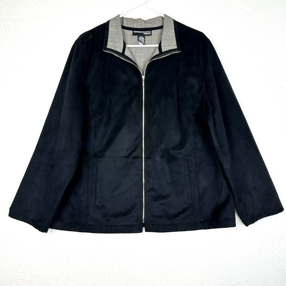 Norton McNaughton Woman Full Zip Jacket 16W Black Faux Suede Houndstooth Lined
